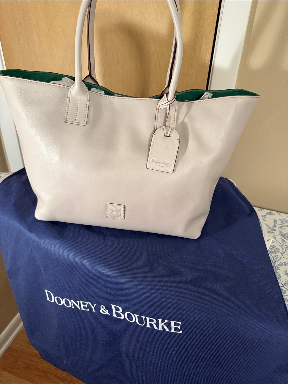 Dooney & Bourke Cream Leather Tote with Green Interior Trim